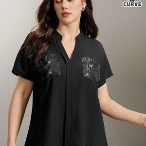 SHEIN Curve Black Sequin Pocket Blouse – 3XL